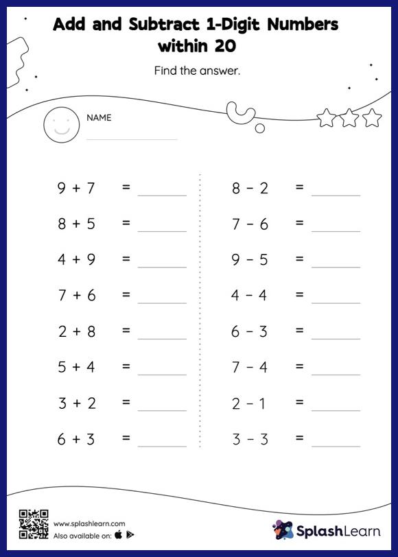 Subtraction Worksheet for K: Add and Subtract 1Digit Numbers within 20 Horizontal Addition and Subtraction