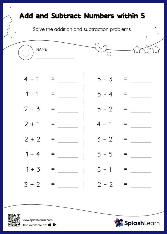 Subtraction Worksheet for Pre-K: Add and Subtract Numbers within 5 Horizontal Addition and Subtraction