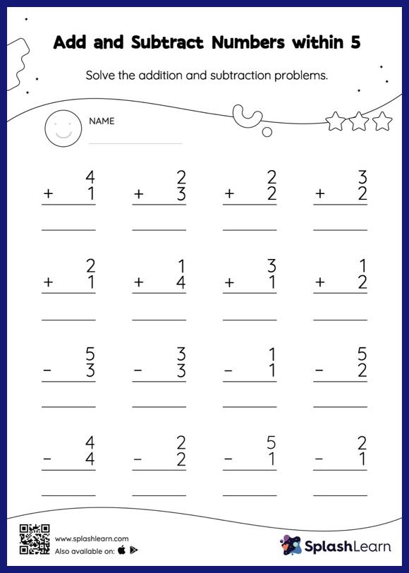 Subtraction Worksheet for Pre-K: Add and Subtract Numbers within 5 Vertical Addition and Subtraction