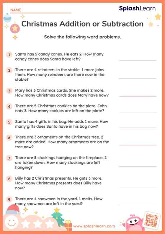 Word Problems Worksheet for Pre-K: Add or Subtract within 5 Christmas Word Problems