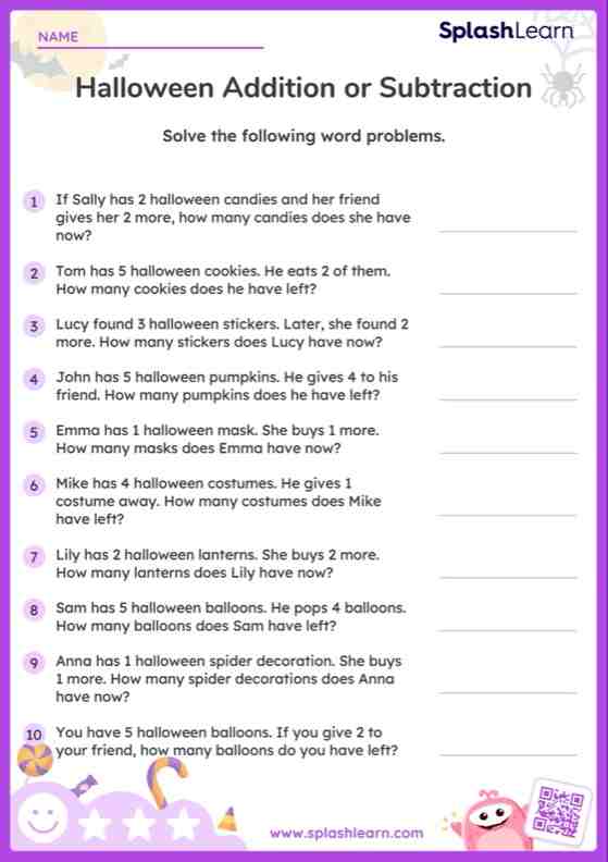 Word Problems Worksheet for Pre-K: Add or Subtract within 5 Halloween Word Problems