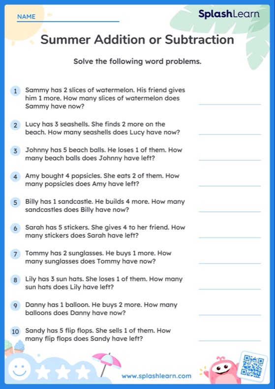 Word Problems Worksheet for Pre-K: Add or Subtract within 5 Summer Word Problems