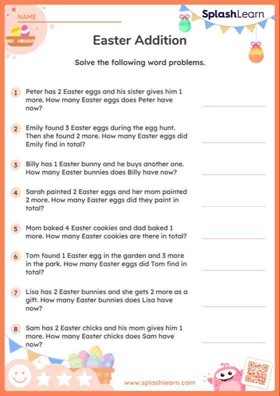 Addition Worksheet for Pre-K: Add within 5 Easter Word Problems