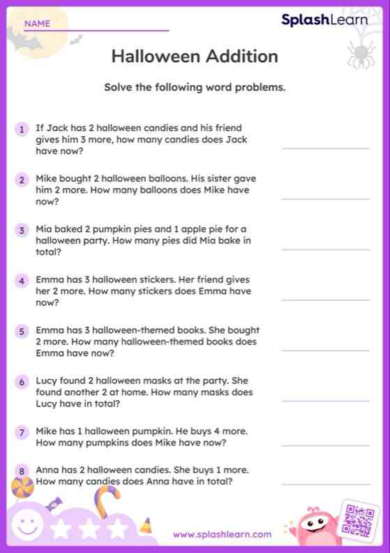 Addition Worksheet for Pre-K: Add within 5 Halloween Word Problems