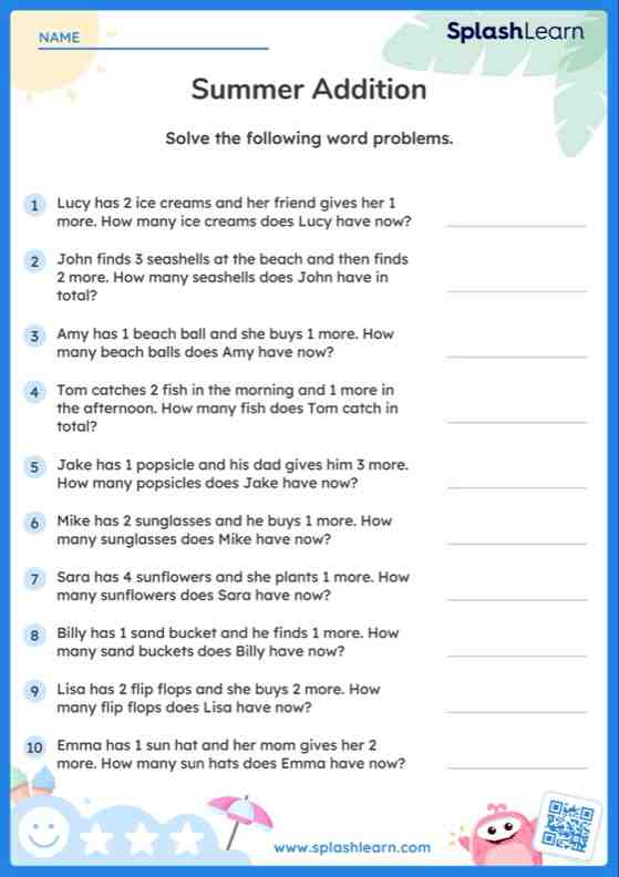 Addition Worksheet for Pre-K: Add within 5 Summer Word Problems