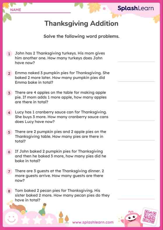 Addition Worksheet for Pre-K: Add within 5 Thanksgiving Word Problems