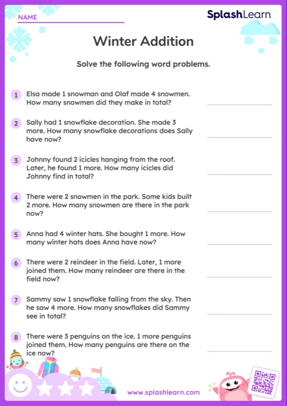 Addition Worksheet for Pre-K: Add within 5 Winter Word Problems