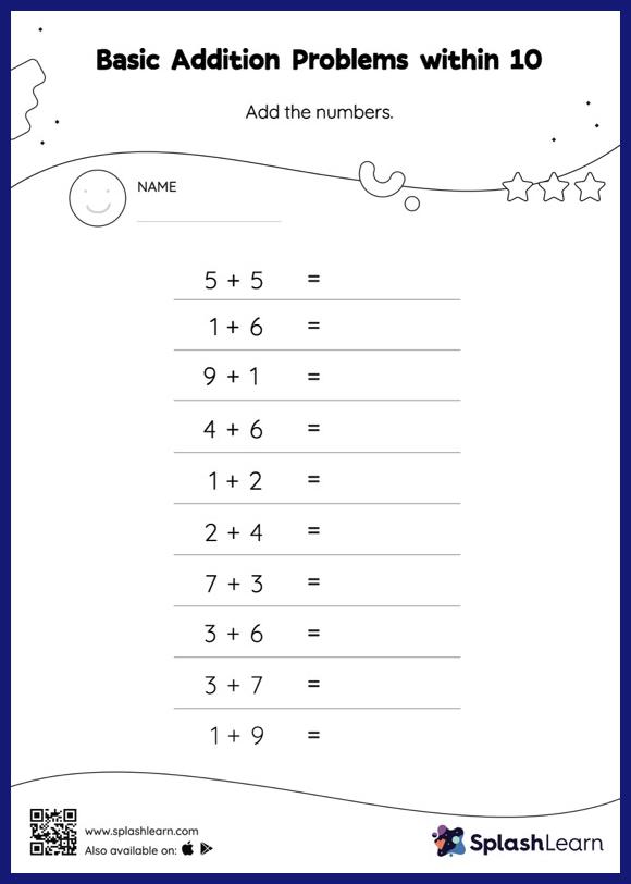 Addition Worksheet for K: Basic Addition Problems within 10 Horizontal Addition