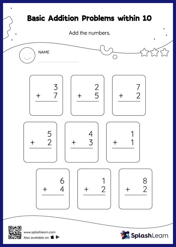 Addition Worksheet for K: Basic Addition Problems within 10 Vertical Addition