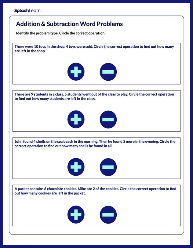 Word Problems Worksheet for 1: Choose the Correct Operation— Add or Subtract