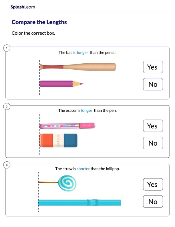 Comparing Lengths Worksheet for K: Compare Lengths of Objects