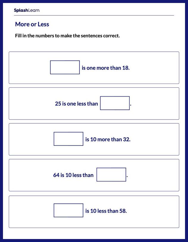 Number Sense Worksheet for 1: Complete More or Less Sentences