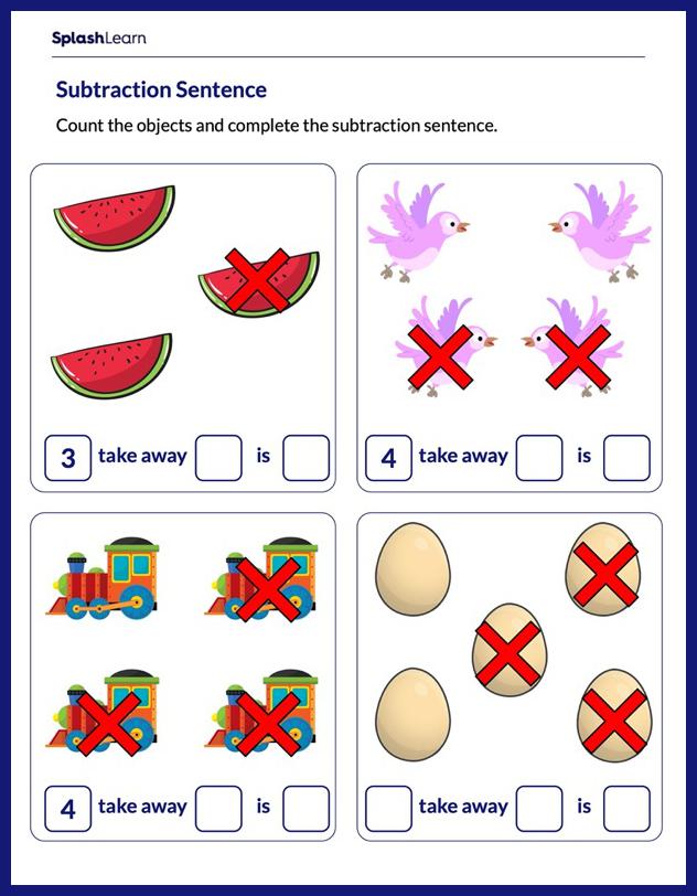 Subtract With Pictures Worksheet for Pre-K: Complete Subtraction Sentence Using Pictures