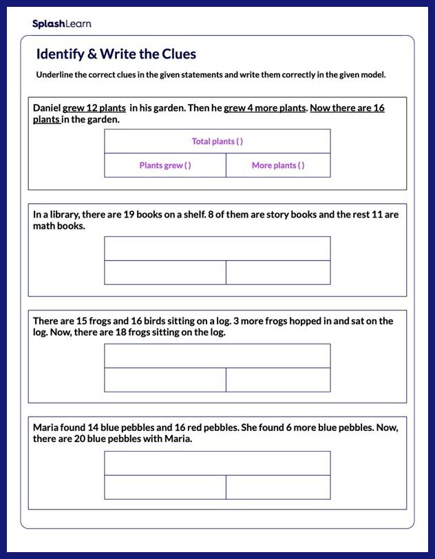 Addition Worksheet for 1: Complete the Model Using Clues