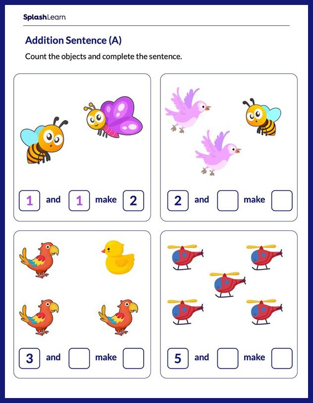Add With Pictures Worksheet for Pre-K: Count to Complete Addition Sentences