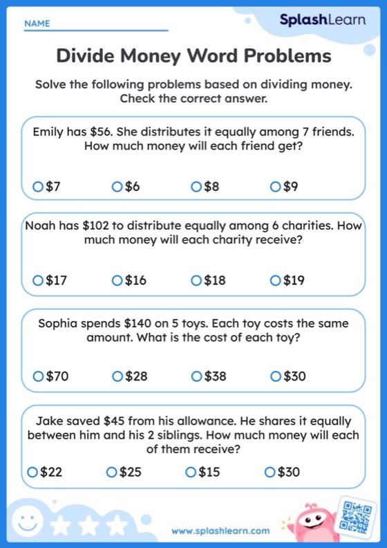Multiply And Divide Money Worksheet for 3: Divide Money Word Problems