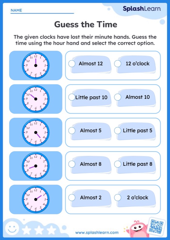 Time Worksheet for 1: Estimate Time Using the Hour Hand