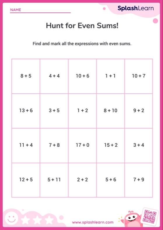 Even And Odd Numbers Worksheet for 2: Even Sum in Addition Expressions Within 20