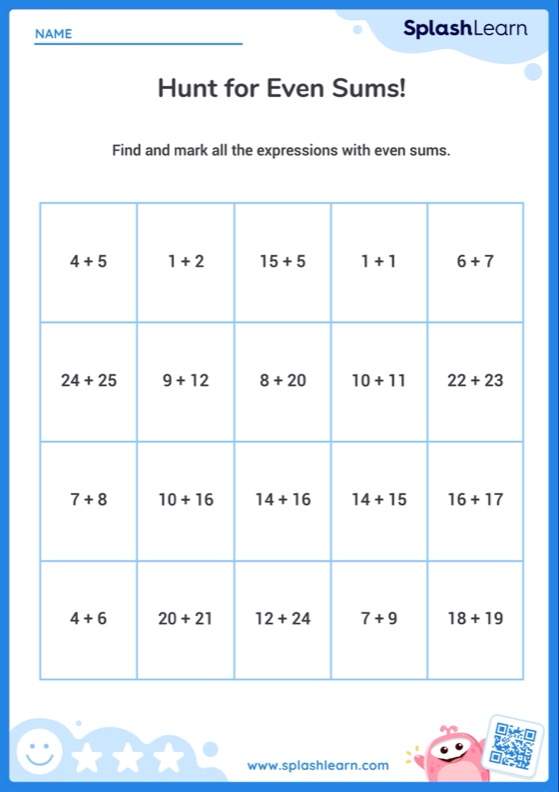 Even And Odd Numbers Worksheet for 2: Even Sum in Addition Expressions Within 50