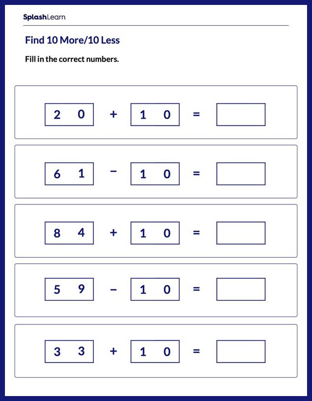 2-Digit Subtraction Without Regrouping Worksheet for 1: Find 10 More or 10 Less