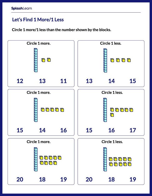 Number Sense Worksheet for K: Identify 1 More or 1 Less