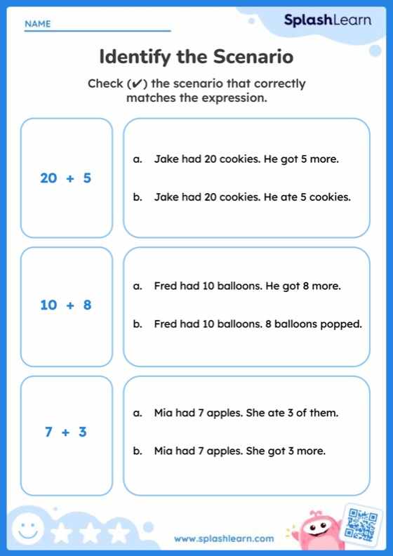 Addition Worksheet for 2: Identify the Correct Addition Scenario