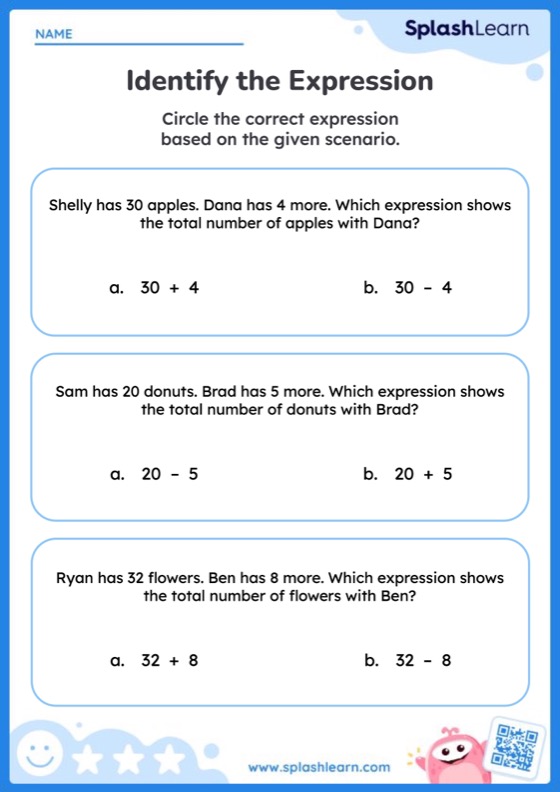 Addition Worksheet for 2: Identify the Correct Expression for the Addition Scenario