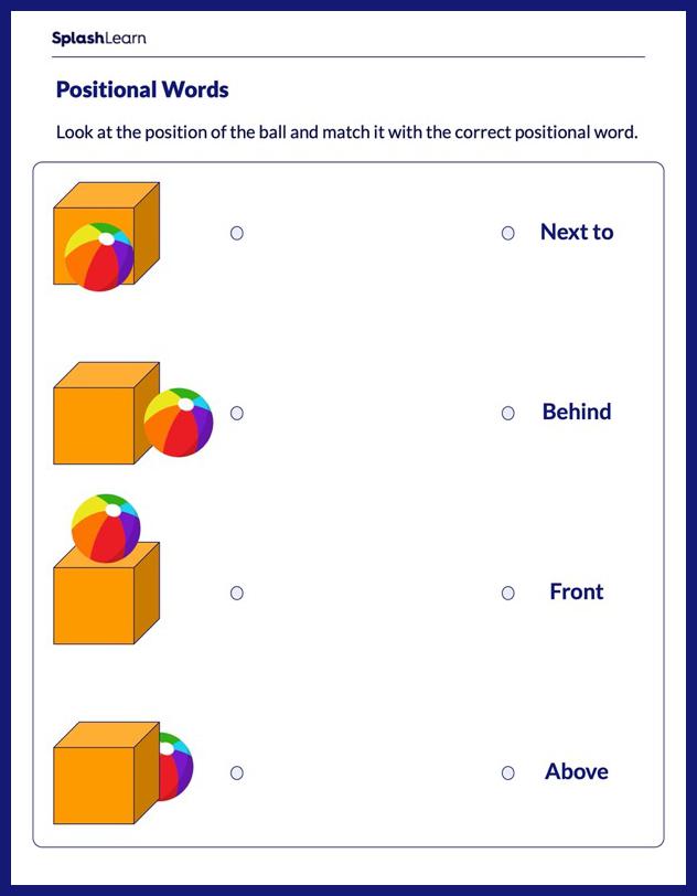 Positional Words Worksheet for K: Identify the Position of the Ball