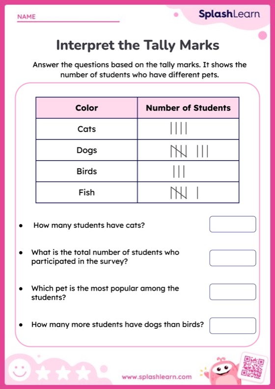 Data Handling Worksheet for 2: Interpret the Tally Marks
