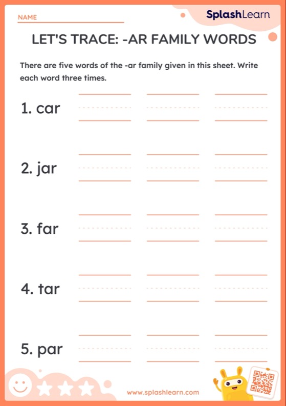 Words With Ar Worksheet for K: Let's Trace ar family words