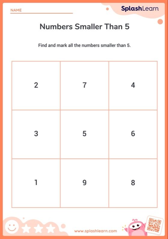 Number Sense Worksheet for K: Numbers Smaller Than 5 Within 9