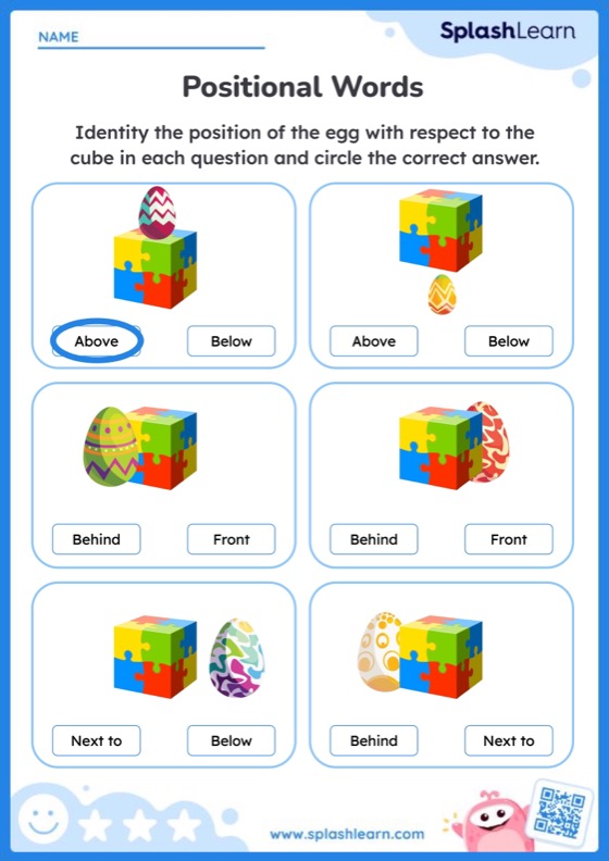 Positional Words Worksheet for Pre-K: Observe the Pictures and Identify the Position of the Object