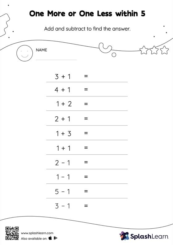 Subtraction Worksheet for Pre-K: One More or One Less within 5 Horizontal Addition and Subtraction