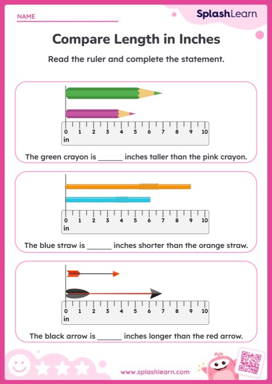 Comparing Lengths Worksheet for Pre-K: Read the Ruler to Compare Length in Inches
