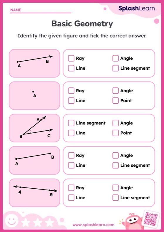 Lines, Line Segments, Rays Worksheet for 3: Recognize Points, Lines, Line Segments, Rays, Angles