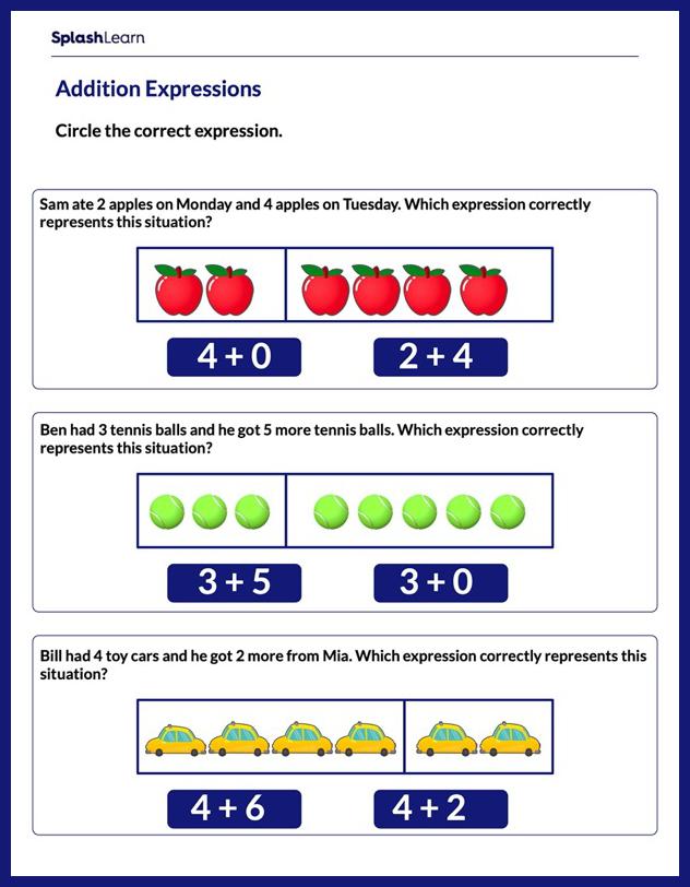 Add With Pictures Worksheet for K: Select the Correct Addition Expression