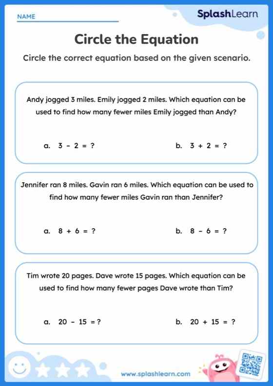 Subtraction Worksheet for 2: Select the Correct Equation for Subtraction Scenarios