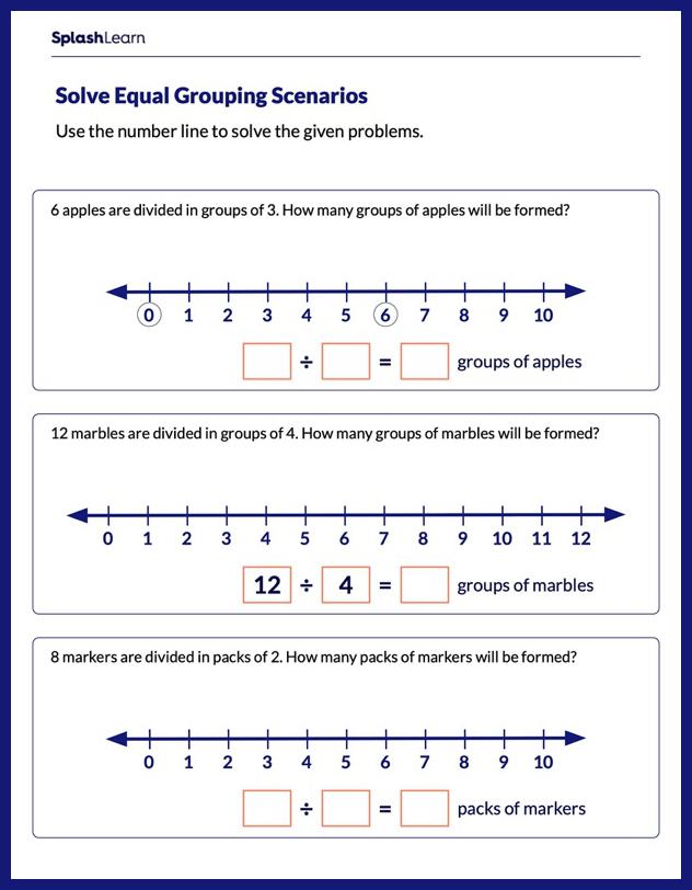 Divide On A Number Line Worksheet for 3: Solve Equal Grouping Scenarios Using Number Line