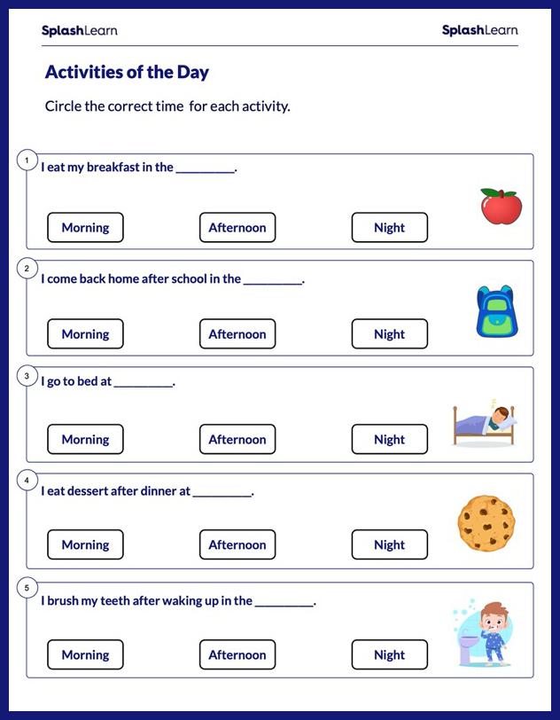 Time Worksheet for 1: Time of Activities of the Day