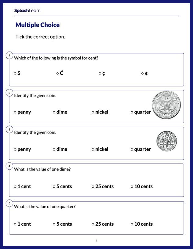 Money Worksheet for 1: Understanding Coins