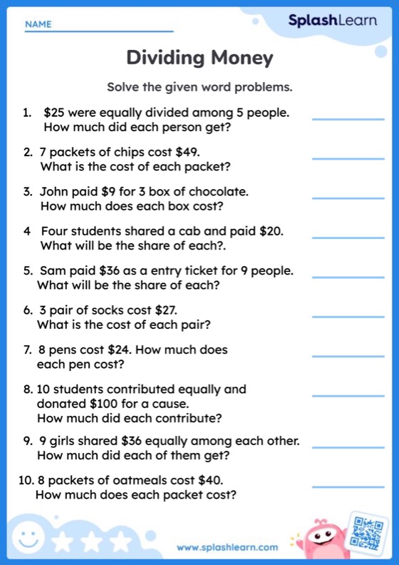 Multiply And Divide Money Worksheet for 3: Word Problems on Dividing Money
