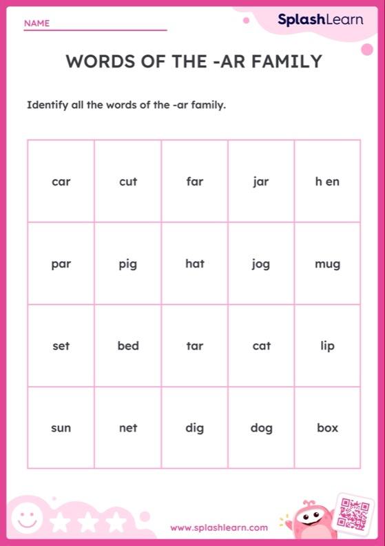 Words With Ar Worksheet for K: Words of the ar Family