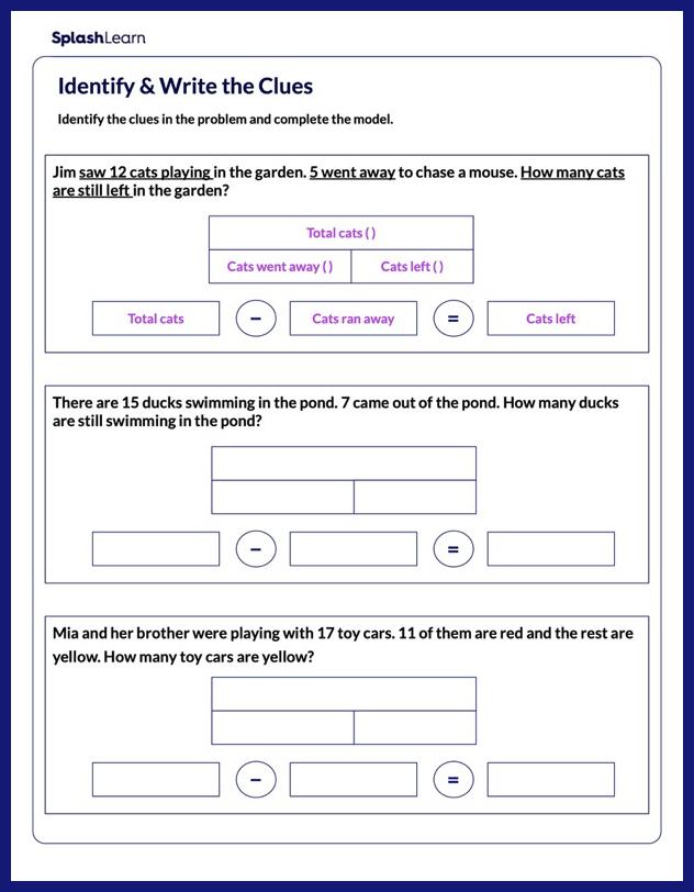 Subtraction Worksheet for 1: Write Subtraction Equation using Clues