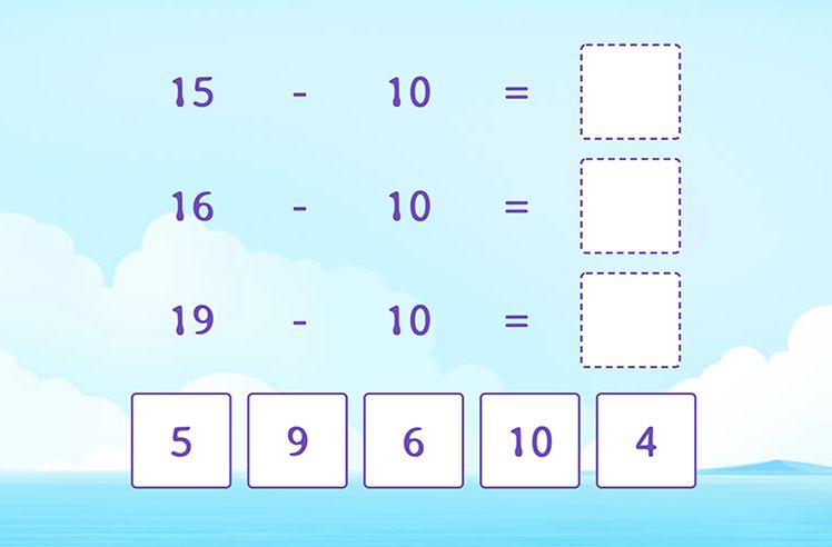 Subtraction game for 1: Subtracting 10 from a Teen Number