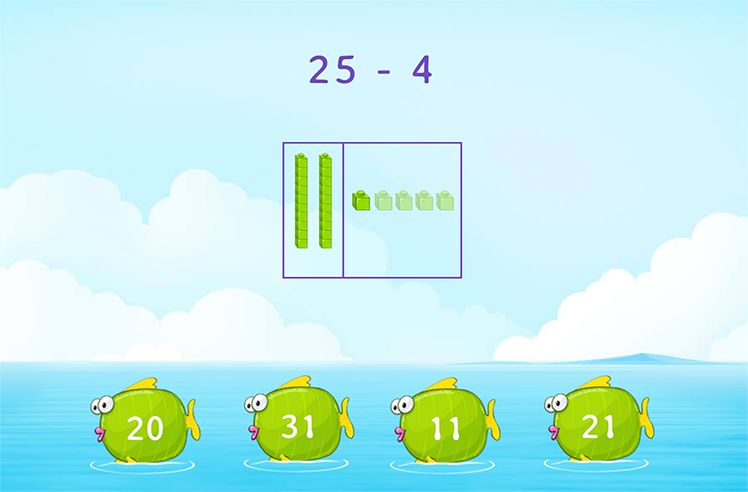 Subtract With Pictures game for 2: Subtracting Using Base-10 Blocks