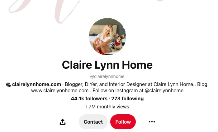 Screenshot of Claire Lynn Pinterest