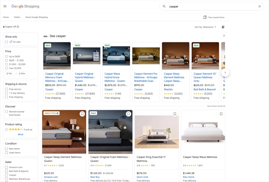 Casper Google shopping result