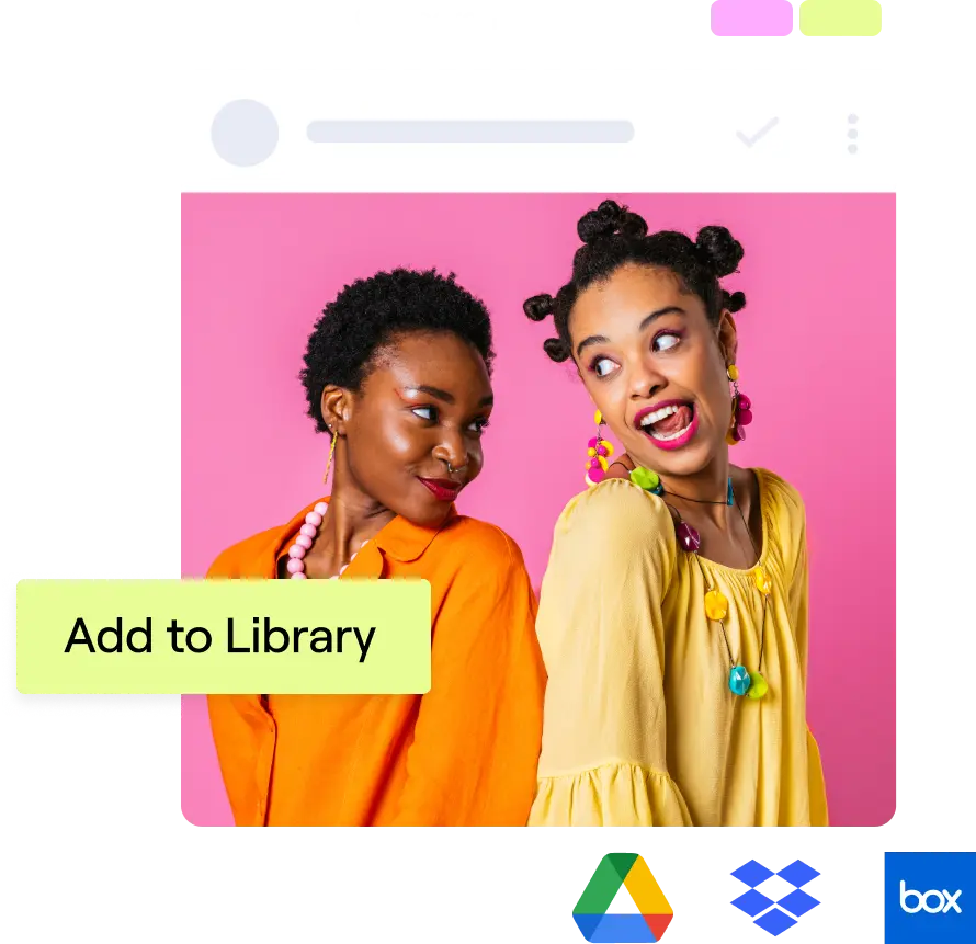 Stylized image of two content creators by a button that says "Add to library" above logos of document-sharing programs