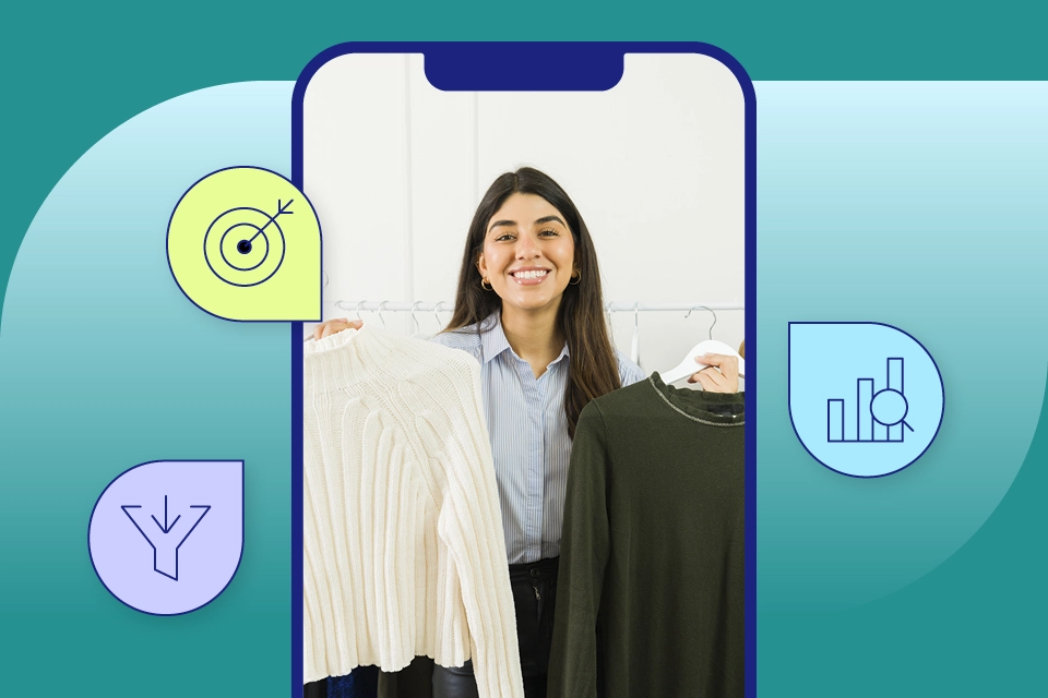 Stylized image of an influencer holding clothes on a smartphone screen