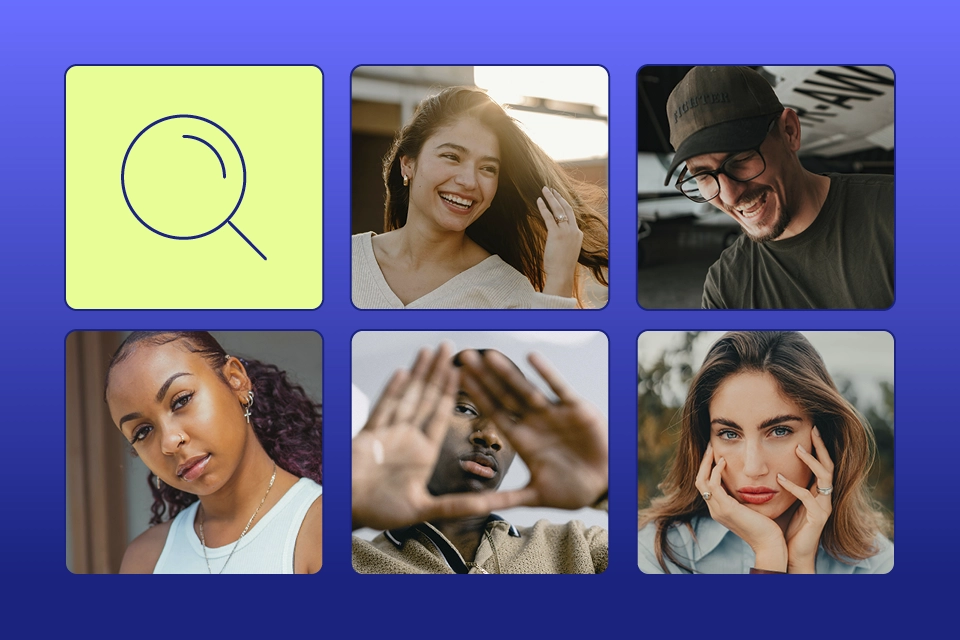 5 images of influencers with a magnifying glass in the top left box